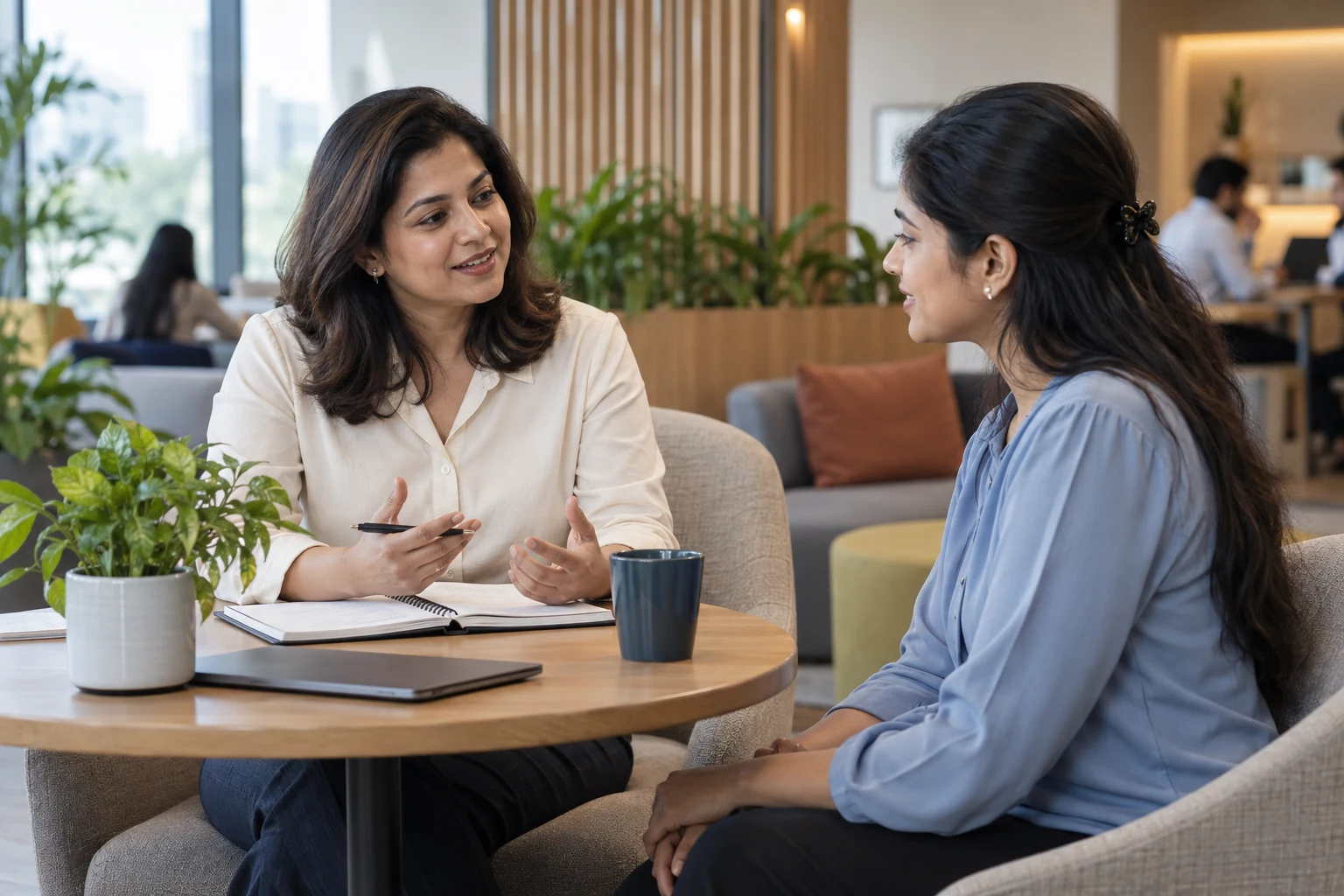 A career advisor listening to a candidate in a welcoming corporate lounge