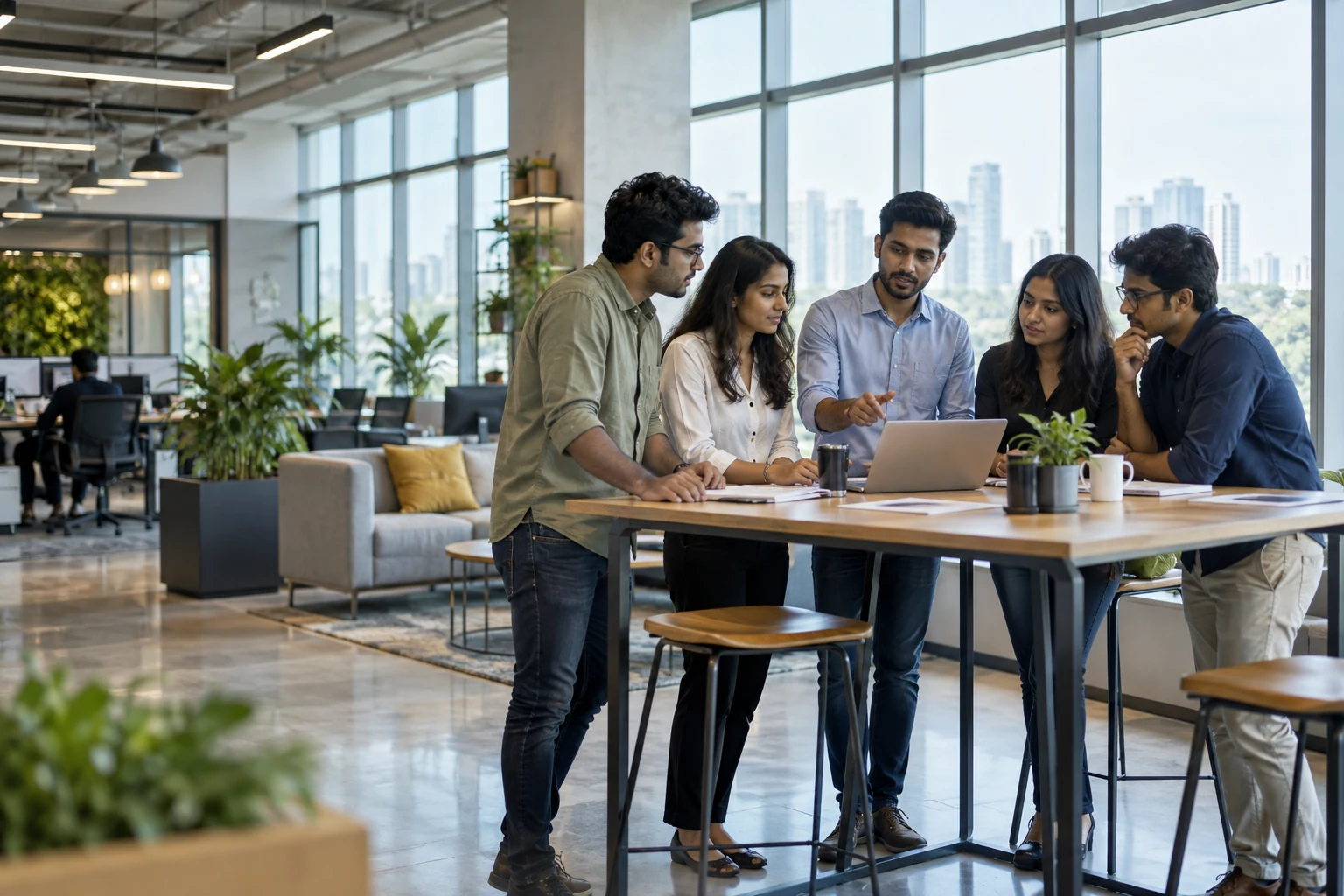 Early-career Indian colleagues collaborating around a project table in a spacious technology office